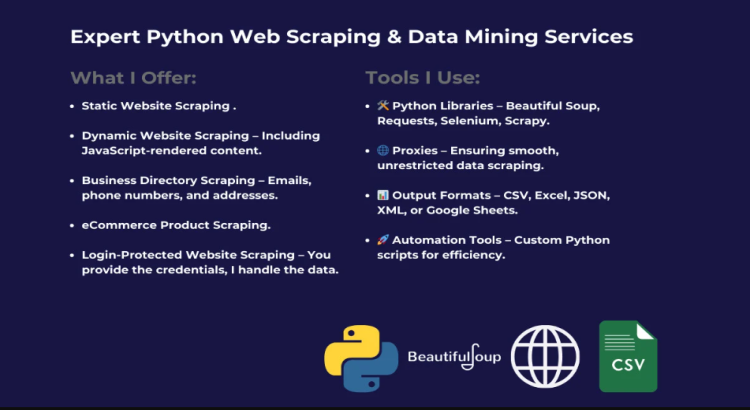 I will expert python web scraping, data mining, and email scraping