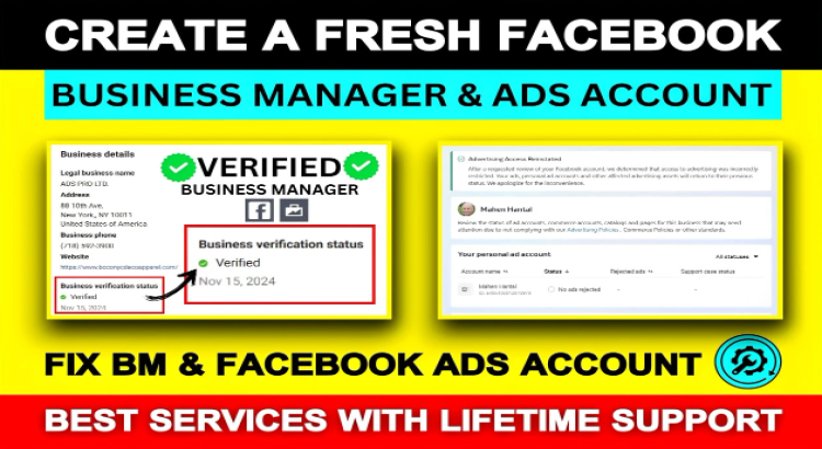 I will create a fresh immortal facebook business manager, ads account, fb ads manager.